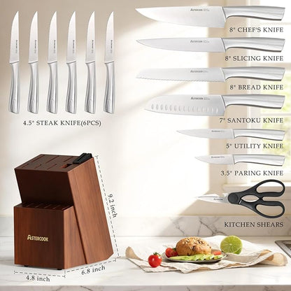 Astercook Knife Set, Kitchen Knives Set with Block and Sharpener Full Tang 15 Pcs Premium Stainless Steel Knives, Dishwasher Safe Knife Set with Anti-slip Ergonomic Handle, Walnut, Mothers Day Gifts - Image 2