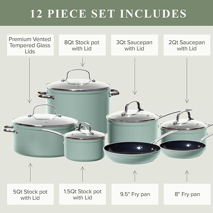 Nuwave Healthy Duralon Blue Ceramic Nonstick Cookware Set, Diamond Infused Scratch-Resistant, PFAS Free, Dishwasher & Oven Safe, Induction Ready & Evenly Heats, Tempered Glass Lids & Stay-Cool Handles - Image 7