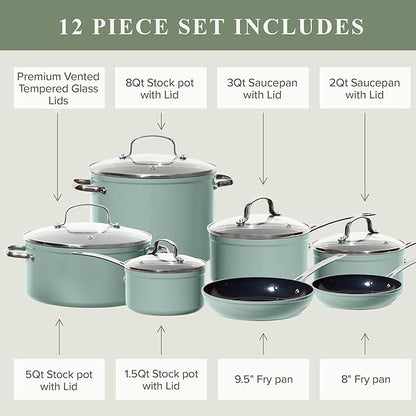 Nuwave Healthy Duralon Blue Ceramic Nonstick Cookware Set, Diamond Infused Scratch-Resistant, PFAS Free, Dishwasher & Oven Safe, Induction Ready & Evenly Heats, Tempered Glass Lids & Stay-Cool Handles - Image 7