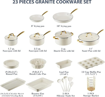 Pots and Pans Set Nonstick - Granite Cookware + Bakeware Set Kitchen Cookware Sets With Dutch Oven, Frying Pans, Saucepan, Sauté Pan, Silicone Utensils, Cookie Sheet, Baking Pan Set for Cooking Gifts - Image 2