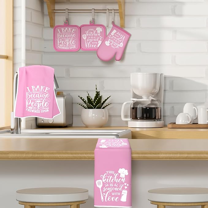 Sratte 6 Pcs Kitchen Decor Accessories Set Farmhouse Towels Pot Holders Oven Mitts Set 2 Dish Towels 2 Potholders 2 Cooking Mittens Oven Glove for Baking Cooking(Light Pink,Kitchen) - Image 3