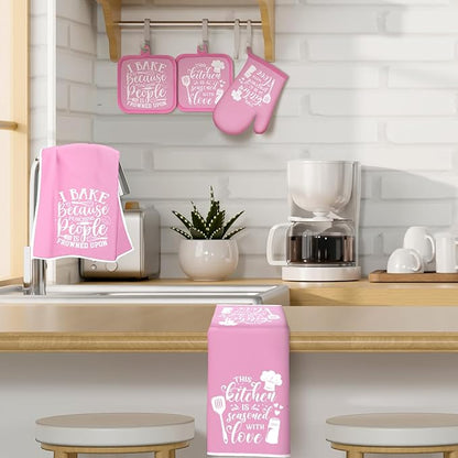 Sratte 6 Pcs Kitchen Decor Accessories Set Farmhouse Towels Pot Holders Oven Mitts Set 2 Dish Towels 2 Potholders 2 Cooking Mittens Oven Glove for Baking Cooking(Light Pink,Kitchen) - Image 3