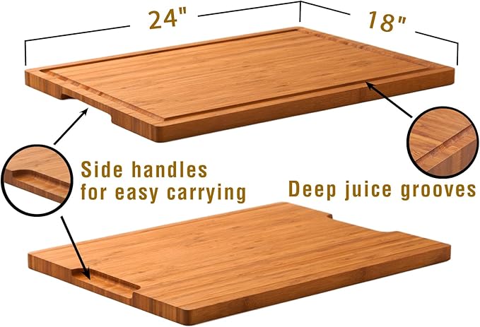 Allsum Extra Large Carbonized Bamboo Wood Cutting Boards for Kitchen, Huge Chopping Board with Juice Grooves & Handles Resisting to Warping and Cracking, Huge Charcuterie Boards, 24"L x 18"W - Image 2