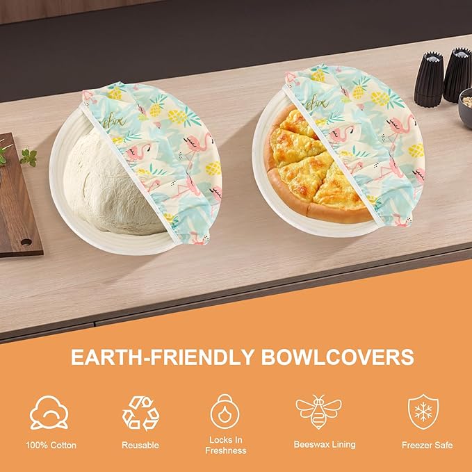 Reusable Bowl Covers for Bread Proofing（2 Large）- Cotton Beeswax Bowl Covers Reusable with Elastic Rim, Sourdough Bowl Cover for Food Storage and Food Preservation (10INCH) (flamingos)