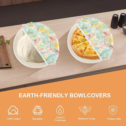 Reusable Bowl Covers for Bread Proofing（2 Large）- Cotton Beeswax Bowl Covers Reusable with Elastic Rim, Sourdough Bowl Cover for Food Storage and Food Preservation (10INCH) (flamingos)