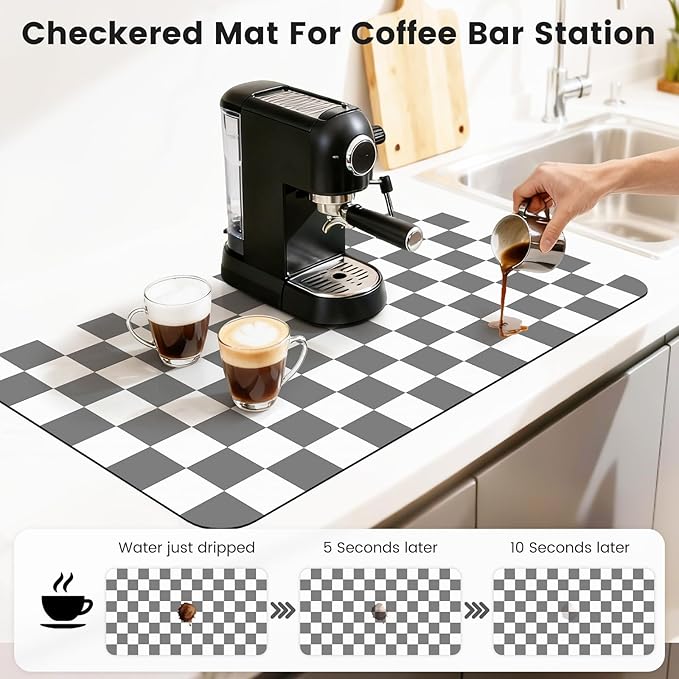 17" x 32" Checkered Dish Drying Mat for Kitchen Counter, Absorbent Coffee Bar Mat for Espresso Machine Coffee Countertops Accessories, Grey - Image 3