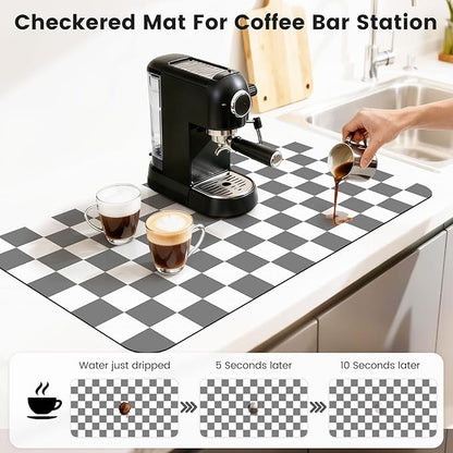 17" x 32" Checkered Dish Drying Mat for Kitchen Counter, Absorbent Coffee Bar Mat for Espresso Machine Coffee Countertops Accessories, Grey - Image 3