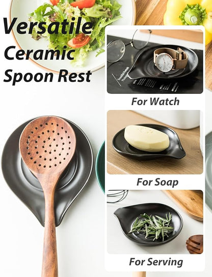 LAUCHUH Spoon Rest, 5 inches Cooking Spoon Holder for Stove Top Large Spatula Holder for Countertop, Mother's Day, Cooking Utensils, Ladles, Tongs, Heat-Resistant, Set of 2, Black