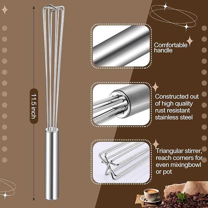 Baderke 1 Pack Espresso Whisk Tool 10.6" Long Handle Mini Whisk for Coffee Stirring Stainless Steel Silver Triangular Design Fit Coffee Chocolate Milk, Mixing Tool for Commercial Home Use - Image 2