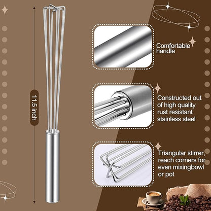Baderke 1 Pack Espresso Whisk Tool 10.6" Long Handle Mini Whisk for Coffee Stirring Stainless Steel Silver Triangular Design Fit Coffee Chocolate Milk, Mixing Tool for Commercial Home Use - Image 2