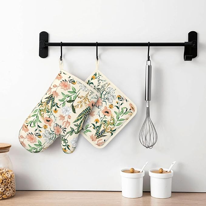 Floral Silicone Oven Mitts Pan Mats Set of 2, Heat Resistant Gloves Potholder with Non-Slip Grips Hanging Loops Pot Holder, Spring Summer for Chef Cooking, Baking, Grilling, BBQ