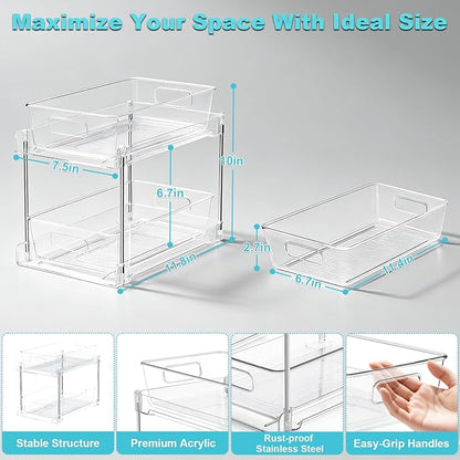 2 Tier Under Sink Organizer Bathroom Organizers and Storage, Clear Stackable Bathroom Cabinet Organizer, Multipurpose Pull-Out Home Organizer for Kitchen and Pantry Storage 4 Pack