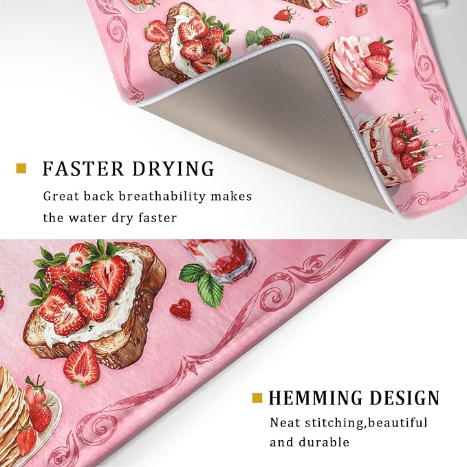 Strawberry Dish Drying Rack Mat Pink Absorbent Microfiber Dish Drying Mat for Kitchen Counter 18x24 In - Image 3