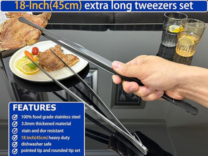 JETKONG 2 Pcs 18 Inch (45cm) Stainless Steel Grill Tongs Heavy Duty Giant Tweezer Tongs, Extra Large Tweezers Tools for Cooking, Grilling, BBQ and Turning Food (Black) - Image 3