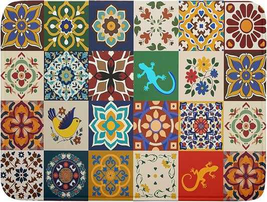 Giwawa Mexican Tile Dish Drying Mat 18"x24" Talavera Boho Floral Print Dish Drainer Mats Rustic Ethnic Traditional Reversible Large Dish Drying Pad Protector for Kitchen Countertop Decor