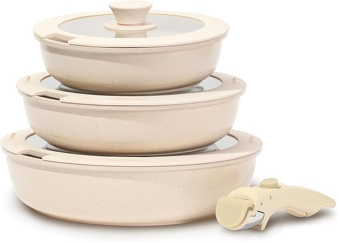 ESLITE LIFE Nonstick Ceramic Frying Pans Skillets Set with Lids & Detachable Handle, Non-Toxic Egg Omelette Kitchen Cooking Pans Compatible with All Stovetops, PTFE & PFOA Free, White, 7-Piece by ESLITELIFE