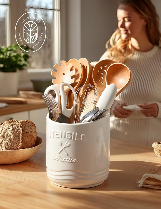AISBUGUR Large Ceramic Utensil Holder: 7.5" H×6.3" W with Slanted Mouth - Utensil Crock with Non-Slip Cork Base for Kitchen Counter, Ideal for Decor & Gift,white utensil holder - Image 5