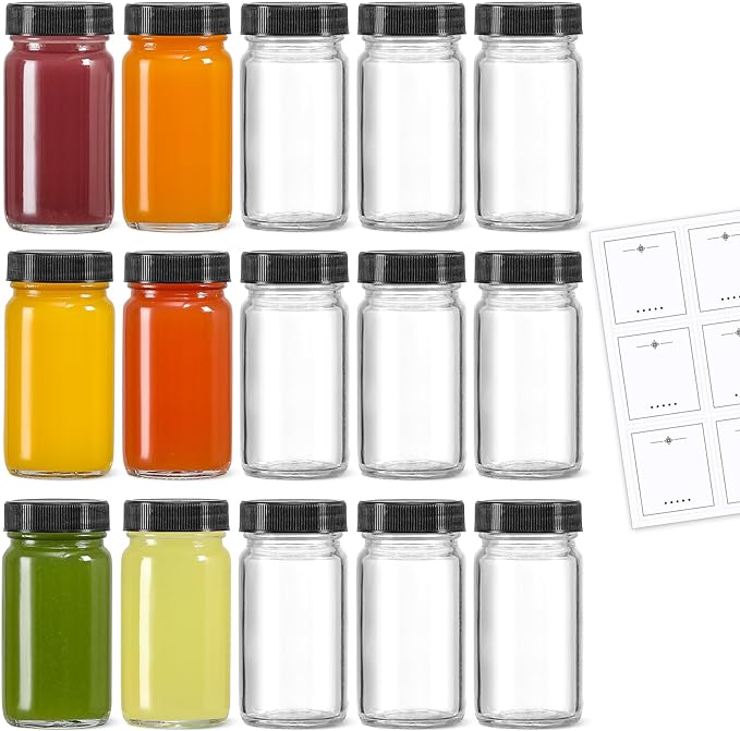LANDNEOO 15 Pack 2 oz Glass Shot Mini Bottles w/Black Lids & 15 Labels - Small Clear Jar for Ginger, Wellness Shot, Juice, Sample, Whiskey - Travel Essentials - Wide Mouth, Leakproof, Dishwasher Safe by MakeLifeBetterEasier