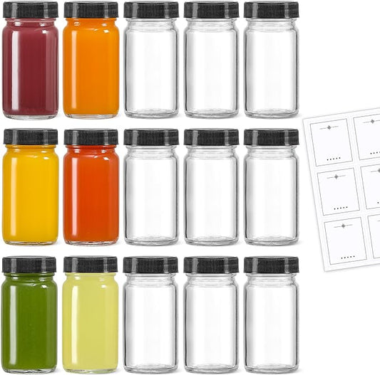 LANDNEOO 15 Pack 2 oz Glass Shot Mini Bottles w/Black Lids & 15 Labels - Small Clear Jar for Ginger, Wellness Shot, Juice, Sample, Whiskey - Travel Essentials - Wide Mouth, Leakproof, Dishwasher Safe by MakeLifeBetterEasier