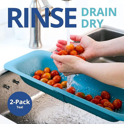 BLUE GINKGO Over the Sink Colander Strainer Basket - Wash Vegetables and Fruits, Drain Cooked Pasta and Dry Dishes - Extendable - New Home Kitchen Essentials (Green, 2 Pack) - Image 2
