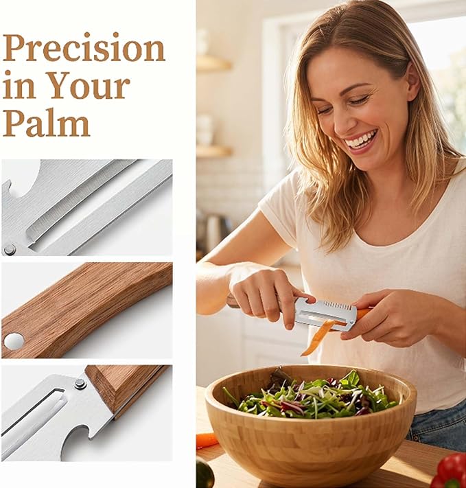 2PCS Multifunctional Vegetable Peeler, Premium Vegetable Peeler with Wooden Handle, 3-in-1 Peelers For Kitchen with Bottle Opener, Stainless Steel Blade Kitchen Tool for Vegetables Fruit - Image 3