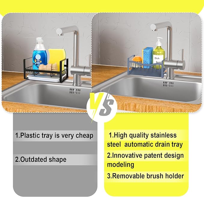 Maifan Stainless Steel Kitchen Sink Caddy Organizer with Auto Drain Tray, Sponge Holder for Countertop Storage Grey Blue - Image 4