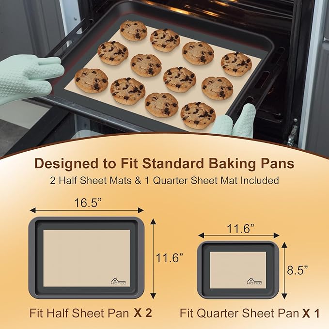 HOTEC Silicone Baking Mats 3 Pack – Non-Stick Reusable Silicone Baking Sheets for Oven – Cookie & Macaron Mats – 2 Half Sheet + 1 Quarter Sheet – BPA-Free, Dishwasher Safe - Image 2