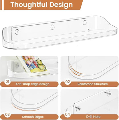 SpaceWhisper Floating Shelves for Wall, 8-Pack 15" Wall Shelves for Bathroom, Bedroom, Kitchen, Living Room, Display Hanging Shelf Organizer for Book, Picture Ledge, Figure Storage, Room Decor (Clear)