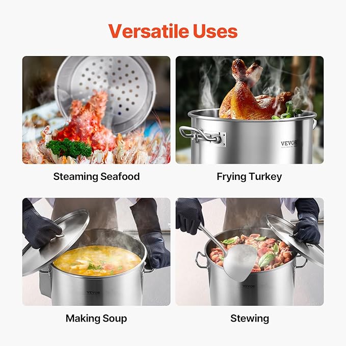 VEVOR Stainless Steel Stockpot, 64 Quart Large Cooking Pots, Cookware Sauce Pot with Basket, Lid, and Handle, Heavy Duty Commercial Grade Stock Pot, Sanding Treatment, for Large Groups Events Silver - Image 6