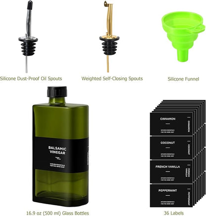 R DRURLCD Green Glass Olive Oil Dispenser, 16.9oz/500ml Curved Cooking Oil and Vinegar Bottle, Soy Sauce Dispenser, Coffee Syrup Bottle, 2 Gold Silver Stainless Steel Pourers, 36 Labels, Funnel