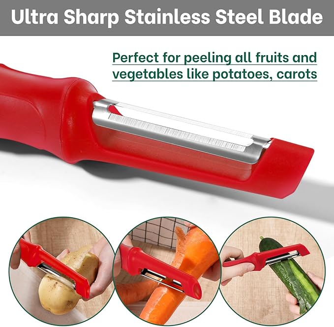 Beneno Swivel Vegetable Peeler, Razor-Sharp Smooth Peeling Potato Peelers with Stainless Steel Blades, Ergonomic Comfort Non-Slip Rubber Handle, Durable Kitchen Peelers with Potato Eye Remover, Red - Image 4