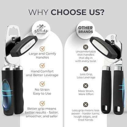Zulay Kitchen Heavy Duty Stainless Steel Can Opener Manual with Bottle Opener - Rust Proof Manual Can Opener With Turn Knob & Comfy Soft Grip Handles - Black - Image 2