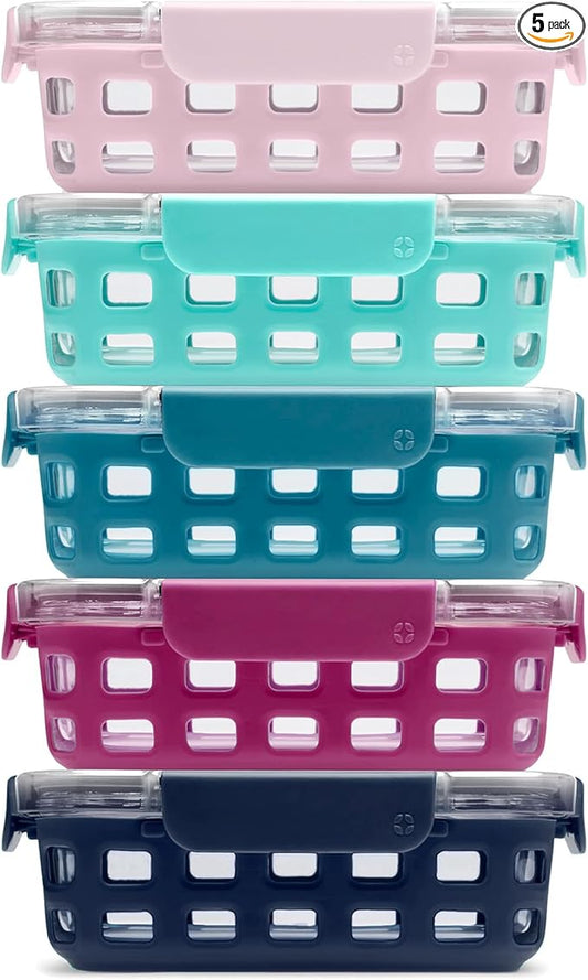 Ello Duraglass 3.4 Cup Meal Prep Sets 10Pc, 5 Pack Set- Glass Food Storage Container with Silicone Sleeve and Airtight BPA-Free Plastic Lids, Dishwasher, Microwave, and Freezer Safe, Evening Orchard
