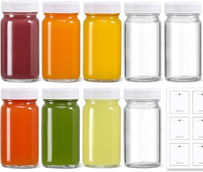 9 Pack 2 oz Glass Shot Bottles w/ White Lids & 9 Labels - Small Clear Jar for Ginger, Wellness Shot, Juice, Sample, Whiskey - Travel Essentials Mini Bottles - Wide Mouth, Leakproof, Dishwasher Safe - Image 7