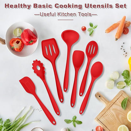 TeamFar Kitchen Utensils, 7 PCS Silicone Cooking Baking Utensil, Non-Stick Kitchen Gadgets with Ladle Spatula Spoon Turner Pasta Server, Non-Toxic & One Piece, Heat Resistant & Dishwasher Safe-Red - Image 7