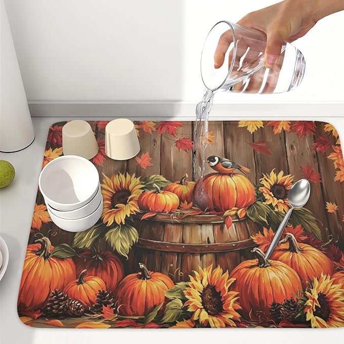 Fall Pumpkin Dish Drying Mat for Kitchen Counter Thanksgiving Autumn Harvest Pumpkin Microfiber Dish Drainer Mat Rustic Farmhouse Absorbent Washable Drying Pad 18"x24"