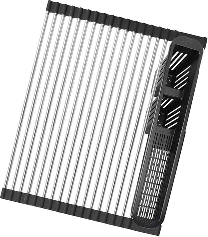 Roll Up Dish Drying Rack,Expandable Over The Sink Dish Drainer,Stainless Steel Kitchen Rolling Sink Rack with Utensil Holder,Length Up to 22.3" (Black, Large)