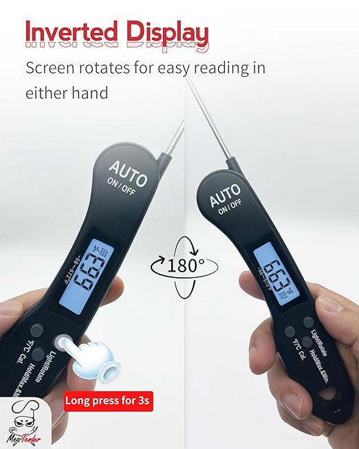 Instant Read Meat Thermometer, 1.2s Fast Read, ±1°F Accuracy, -58°F to 572°F, 4.4" Foldable Probe, 0 °C Calibration, Min/Max (Session), Auto-Rotating Backlit Display, °F/°C, Magnetic Back, Auto-Off - Image 6