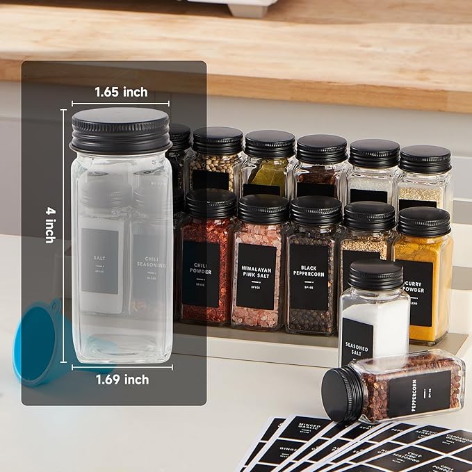 Skiileor 36 Pcs Spice Jars with Label- Glass Spice Jars with Black Metal Caps,Shaker Lids, Funnel, Chalk Pen, 4oz Seasoning Containers Bottles for Spice Rack, Cabinet, Drawer - Image 2