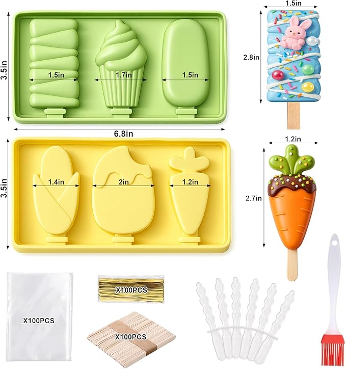 Juome Cake Pop Mold Kit, 2 Pack 6 Cavities Cakesicle Molds Silicone with 100 Wooden Sticks & 100 Packaging Bags with Ties, Cake Pop Maker Supplies Accessories, Baking Tools for Home Baking Desserts - Image 2