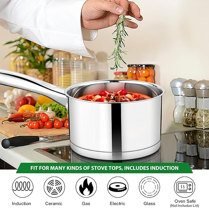 TeamFar 2 qt Saucepan with Lid, Stainless Steel Small Sauce Milk Pan with Tri-ply Bottom for Induction/Gas/Electric/Ceramic, Healthy & Heavy Duty, Mirror Finish & Straight Side, Dishwasher Safe - Image 7