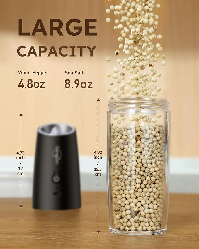 Sangcon Gravity Electric Salt and Pepper Grinder Set Shakers - UPGRADED RECHARGEABLE 9OZ XL Capacity USB-C No Battery Needed - LED Light One Hand Operation, Adjustable Coarseness Automatic Mill Set - Image 6