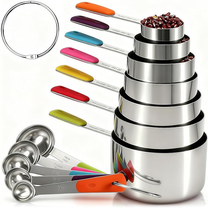 Bopei Measuring Cups and Spoons Set Stainless Steel 12 Piece for Cooking and Baking (7 Cups + 5 Spoons, Colorful Handles) by Bopei