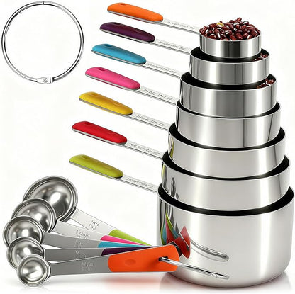 Bopei Measuring Cups and Spoons Set Stainless Steel 12 Piece for Cooking and Baking (7 Cups + 5 Spoons, Colorful Handles) by Bopei