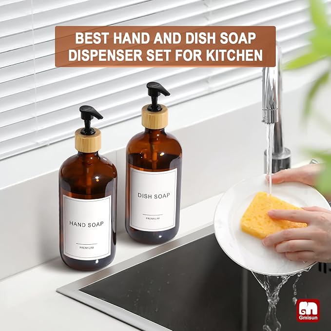 GMISUN Amber Glass Soap Dispenser, 2 Pack Bathroom Hand Soap Dispensers with Bamboo Pump, 17 Fl Oz Kitchen Hand and Dish Soap Dispenser Set, Modern Vintage Liquid Brown Soap Dispensers Bottle - Image 5