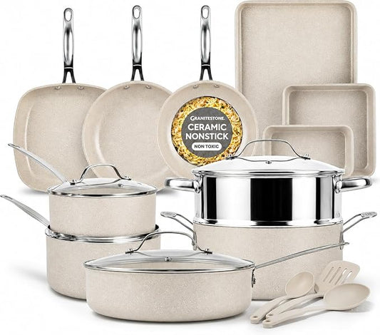 Granitestone Ceraluxe 20 Pc Ceramic Cookware Set Nonstick, Complete Pots and Pans Set Non Stick for Kitchen with Bakeware, Utensils & Steamer, Non Toxic Made Without PFOA PFOS, Oven & Dishwasher Safe
