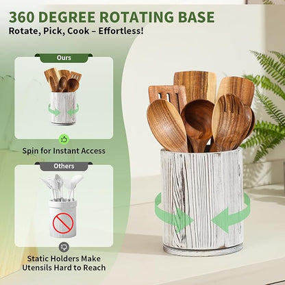 Wooden Utensil Holder, 360°Rotating 7.3'' Large Utensil Holder for Kitchen Counter, Kitchen Utensil Organizer, Utensil Crock, Farmhouse Kitchens Countertop Decor, Distressed White - Image 3