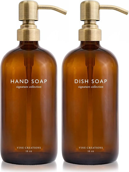 Vine Creations Amber Glass Soap Dispenser Set, Dish Soap and Hand Soap Dispenser Set with Stainless Steel Pump, 16 oz Glass Dispensers for Kitchen or Bathroom Decor (Amber Bottle/Brushed Brass Pump) by VineCreations