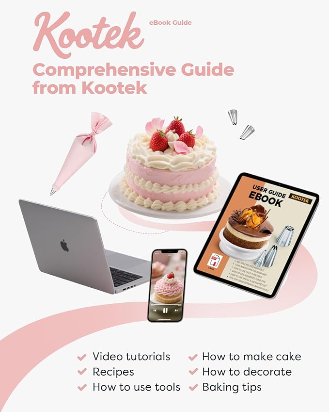 Kootek 158PCs Cake Decorating Kit, Baking Supplies Tools - Includes Cake Stand Turntable, 64 Icing Piping Tips Set, 2 Frosting Spatulas, 3 Scrapers, 50+2 Pastry Bags, Coupler, Video Tutorial, Booklet - Image 7