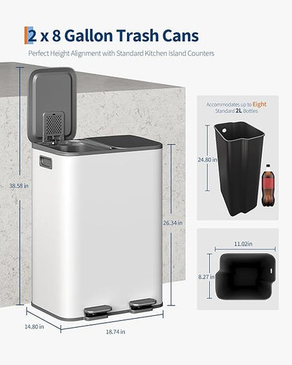 Garvee Trash Can, 2 x 8 gal (2 x 30 L) Garbage Can for Kitchen Dual Compartment Recycling Kitchen Step Trash Bin, Stainless Steel Trash and Recycle Bin Combo with Soft-Close Lid, Grayish-White - Image 3
